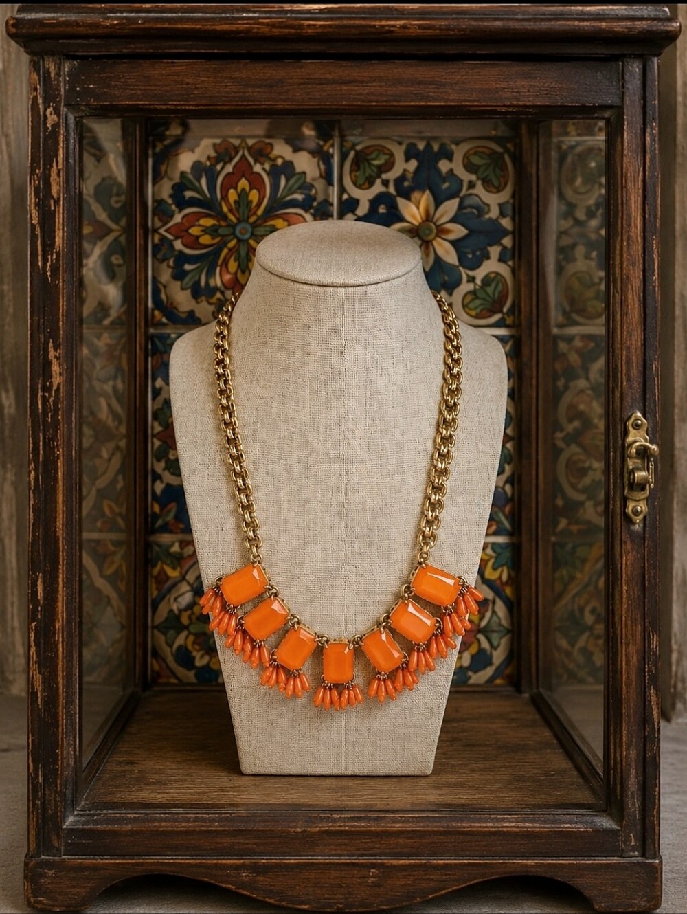 J. Crew Neon Bright Orange Statement Necklace Gold Tone Hardware Emerald Cut EUC